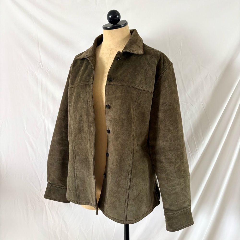 Vintage 90s AMI olive green genuine leather button up jacket large suede indie - Picture 2 of 6